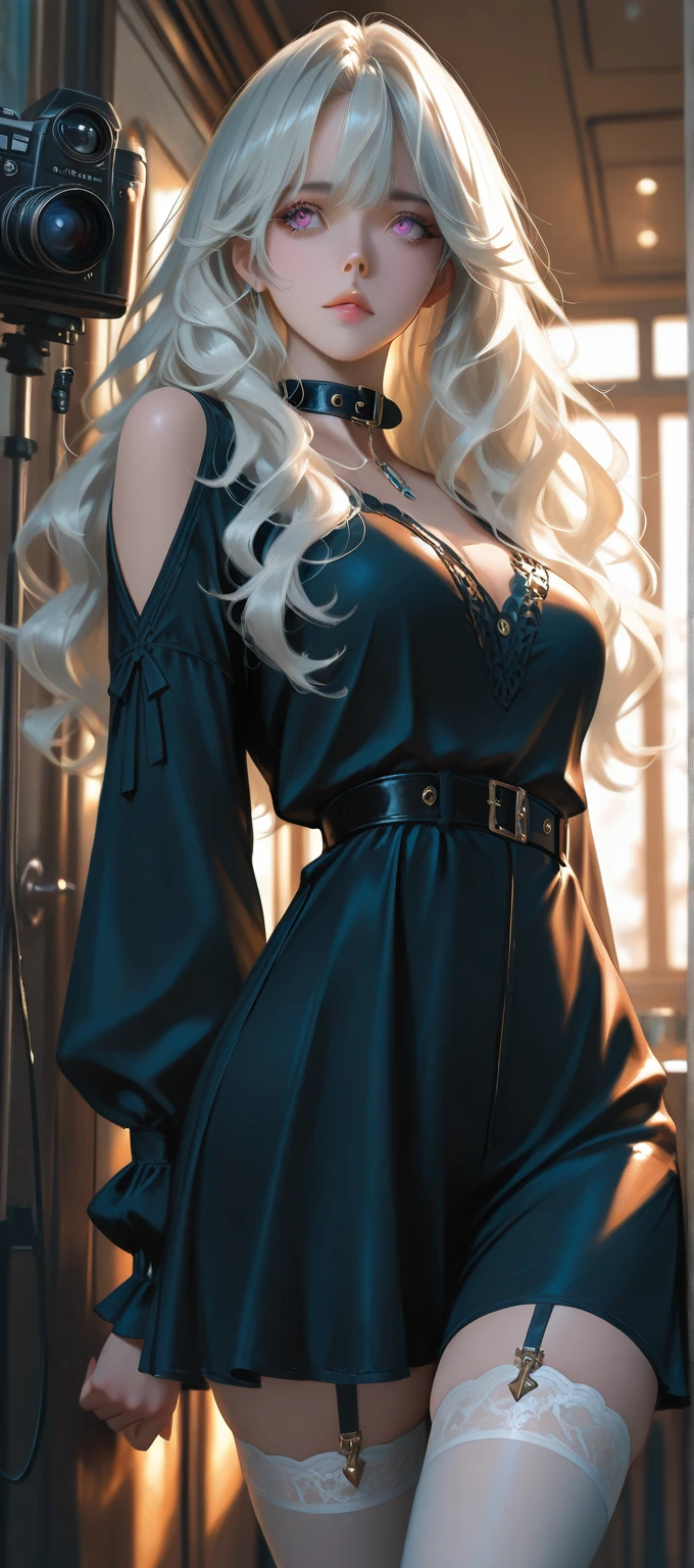 muste piece, highest quality, Highly detailed CG Unity 8K wallpaper, sexy witch , long dark blonde wavy hair、off shoulder knit, dark blue pleated skirt, stockings、medium breasts, saggy breasts, Pose that emphasizes the chest, blush, shy laugh, bare shoulders, (Pink lace panties、pink bra、open your legs wide)、、gorgeous magic book、church basilica、Put your hands on the pillar and turn around、stick out your butt、I can see all your butts、
