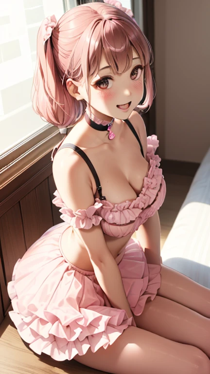realisitic、top-quality、1girl、cat ear、maid headband, pink short hair ,tongue out ,(((heart shaped pupils))), orgasm , pink sequin bikini ,lace gloves、big breasts、 all fours