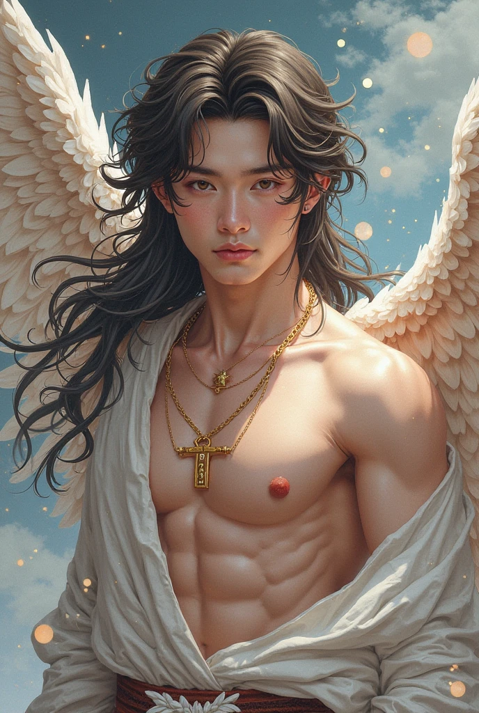 1 man, angel (4 wings), dark face, handsome, dark skinned, bare-chested, bouncing, star necklace, pink, six-pack, nipple piercing, dull, sweat, background detail, valley, large bird's nest, cave, sky, mountain peak, moon, daytime