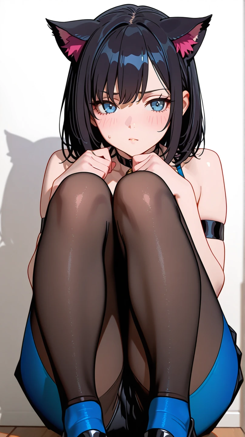 A woman with her legs spread open and touching her crotch