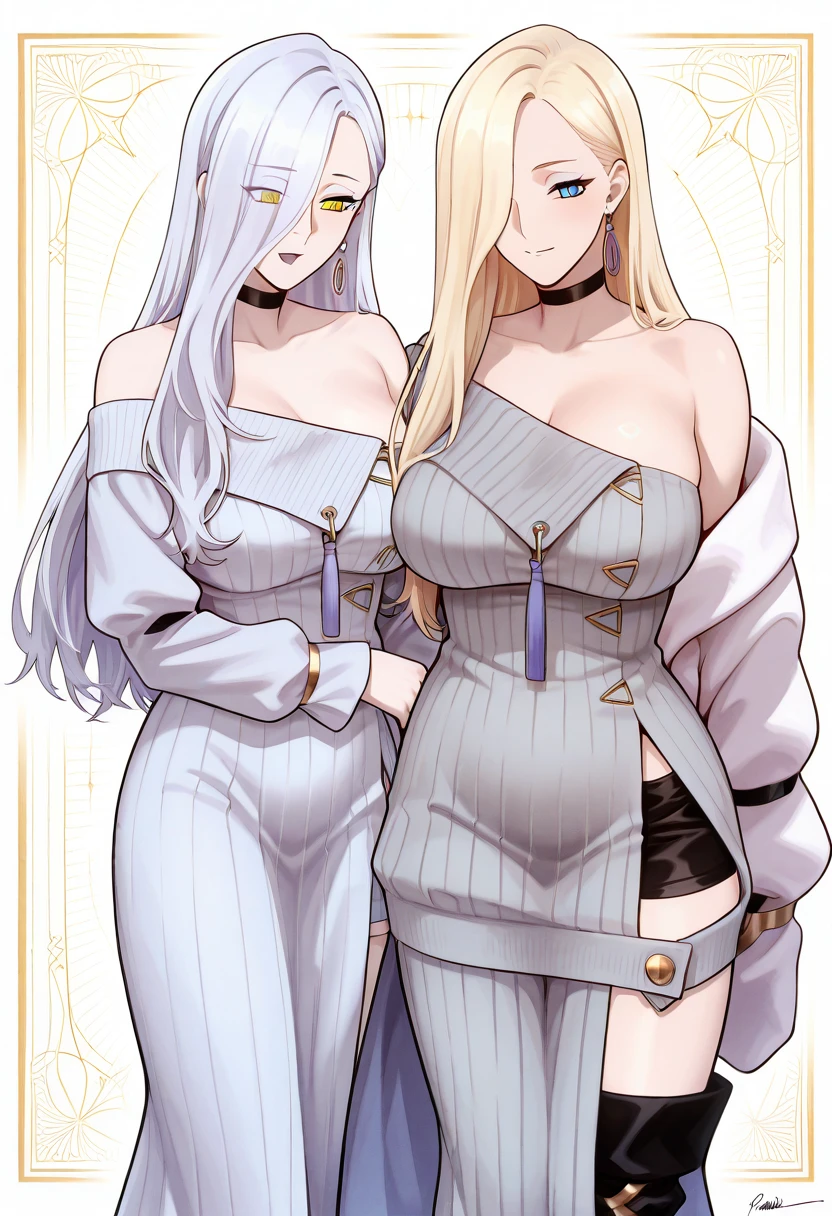 two sexy women, flirtatious smiles, various hairstyles, housewife outfits, white background, full body