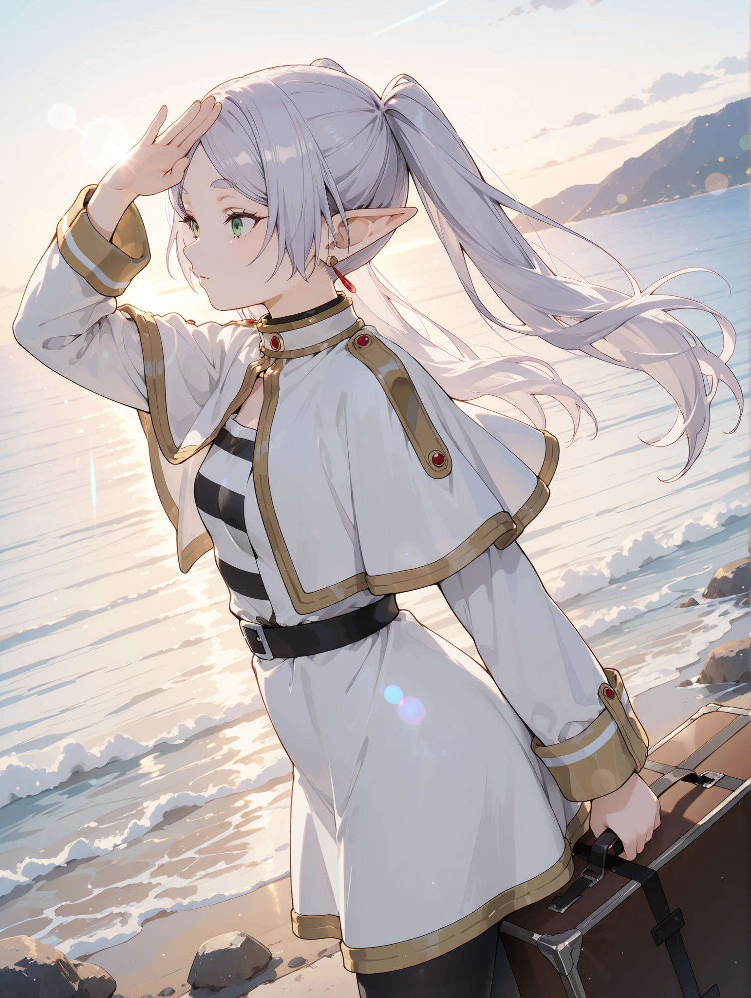 masterpiece,perfect anatomy,high resolution, ultra-detailed,beautiful detailed eyes,dutch angle,absurdres,1girl, solo, frieren, elf, pointy ears, grey hair, long hair, twintails, green eyes, small breasts, earrings, robe, striped shirt, belt, white capelet, black pantyhose,(side view),(shading eyes),(holding Trunk Case),summer,landscape,Rocky Shoreline,(lens flare:1.3),