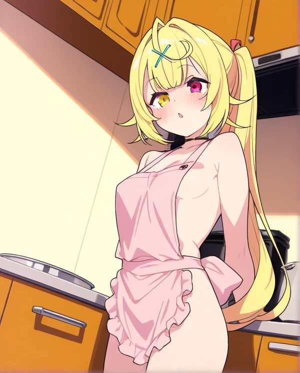 Kagamine Rin、Yellow Hair、Vocaloid、、One girl、全naked、naked、Nipples、smile、V sign、piece、両手piece、Pink Room、Pink room、Small breasts、、No breasts、Gaze Here、front、