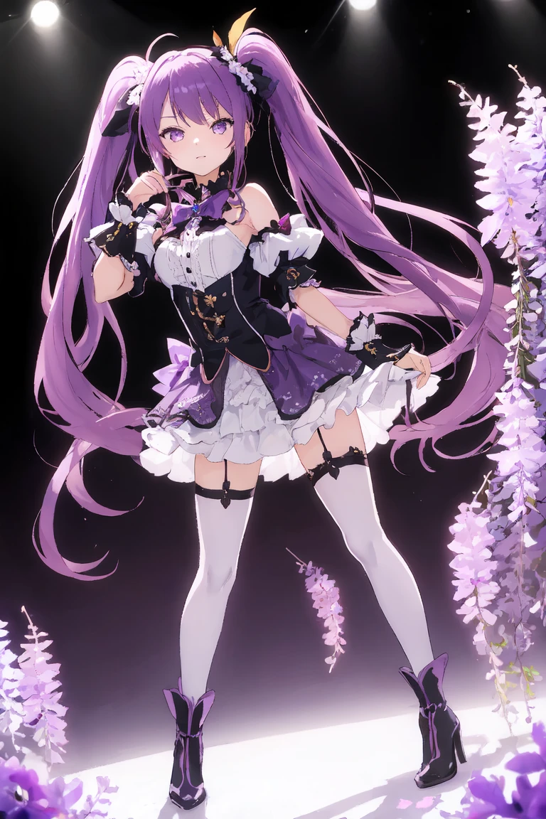 (hair over shoulders),hair over breasts,Light purple hair,Gradient hair,frizzy hair,Asymmetrical bangs,hair between eye,musical note hair ornament,Girl,Solo,long eyelasher,Beautiful detailed eyes,ssmile,Purple eyes,Gradient eyes,Medium breasts,between breasts,Detached_Sleeves,Black pantyhose,mitts,arms stretched wide,(Purple dress),Beautifully dressed,musical note,baton,(Bow knot),Gold accents,Black accents,intoxicated