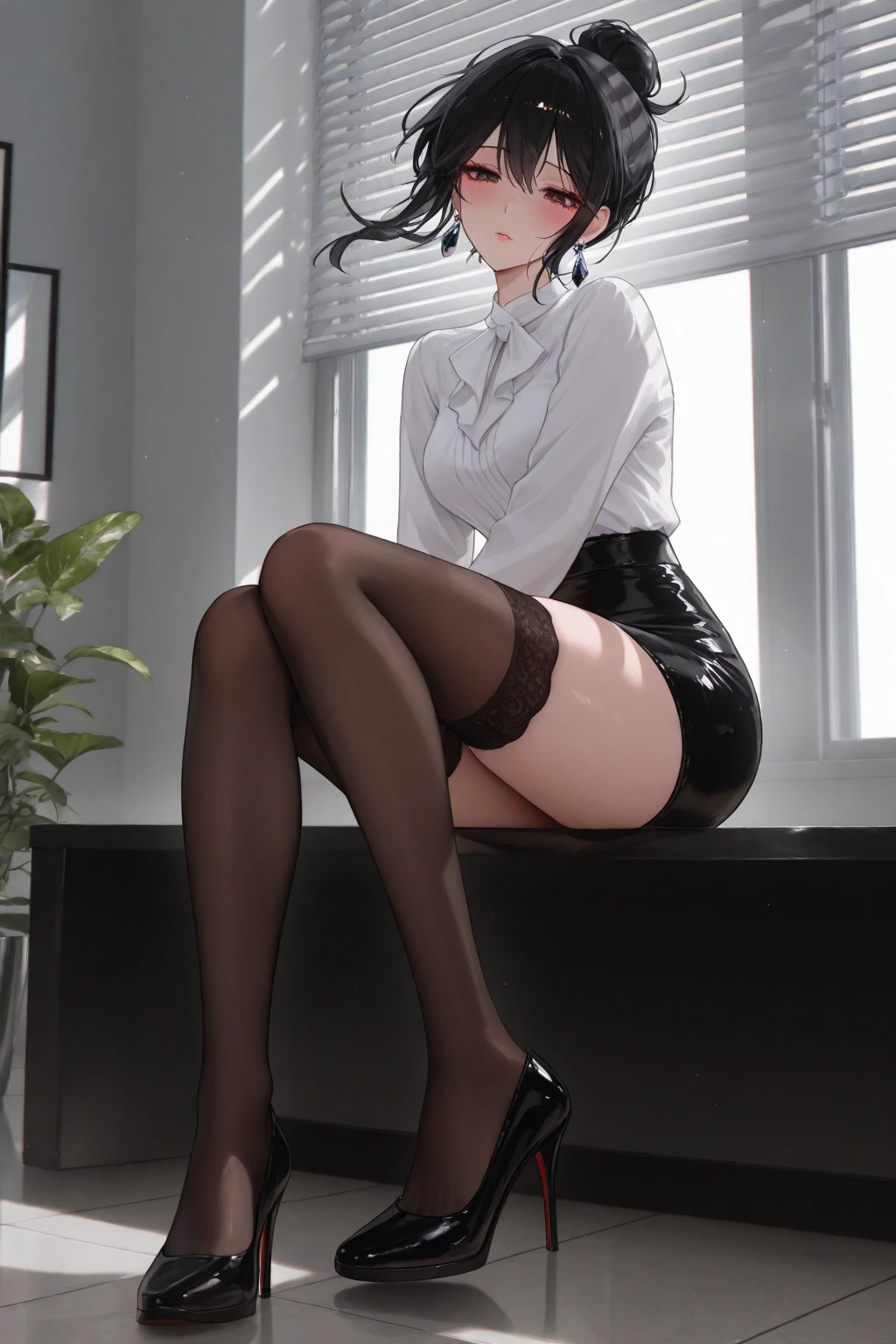 (masterpiece), 4K,woman,president,Small breasts,Small Ass,Black hair bob cut,Light bulb lighting,Realistic, skinny, Amis Stockings,smile,sit,((Knee-length pencil skirt)),Under negotiation