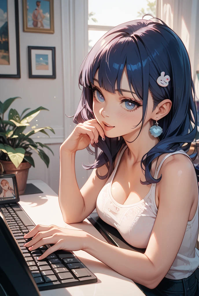 Counterfeit-V3.0, Beautiful ANIME woman in designer terno beachwear sitting in a beach restaurant sipping a drink, sassy, nerdy glass, busy workplace, front on camera, realistic, detailed, best quality, focused typing in her laptop, new york, masterpiece, 8k, no extra fingers, whole body, styled dark long hair with bangs, blue eyes, generic shape, happy soft feature