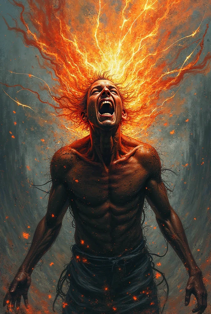 Depicts a human figure trapped in hell surrounded by fire and scary shadows that tear his body apart..