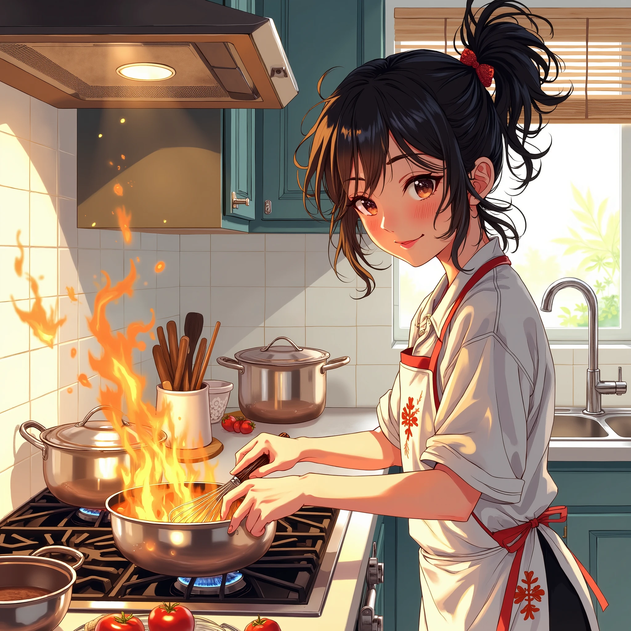 The girl in the kitchen is cooking, detailed, detailed, clear, best quality, Anime style,