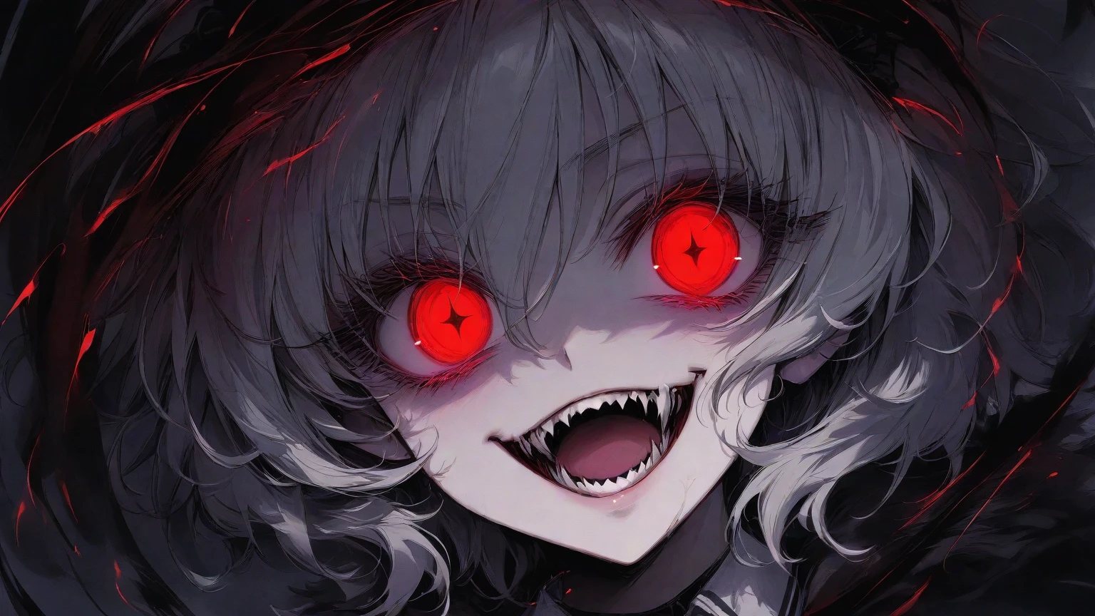 ((best quality)), ((masterpiece)), (detailed), 1girl, ((portrait)), drow, black makeup,(black dress), briar, (night), back alley, ((pale skin)), sharp teeth, ((small breasts)), solo, (crazy eyes), white hair, angry, blood, evil, frills,