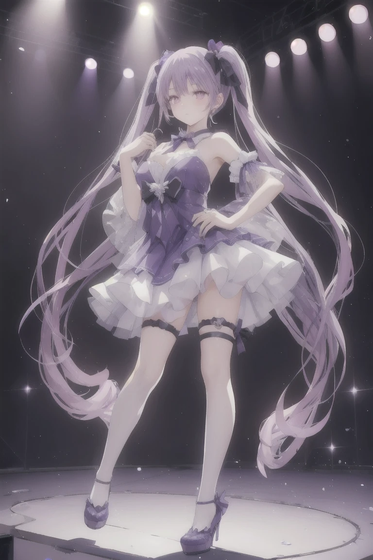 white tutu、(((Panty shot)))、Beauty ballerina、Purple hair upstyle、((whole body))、(((photo taken from below)))、theater