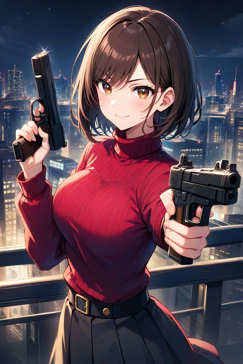 takeda hiromitsu style,(((masterpiece, highest quality:1.3,absurdres))),cowboy shot,20 year old beauty,Sniper、solo,((very small head)),short bob hair,bangs,dark brown hair,brown eyes,blush,Serious expression、medium breasts,((very long body)),((slender body)),skinny,gleaming skin,shiny skin, Black turtleneck、No sleeve、Crop length、navel、Black micro mini shorts、Holding a handgun in your hand、(Detailed handgun),Abandoned Factory、Container street at the port、Tokyo、at night、moonlight、