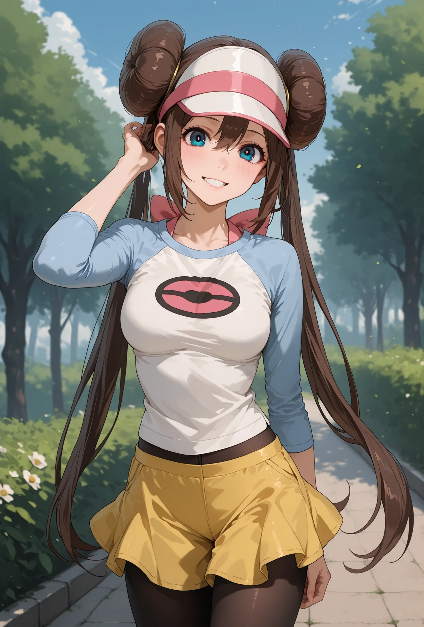 score_9, score_8_up, score_7_up, nh, smile, teeth, 1girl, solo, rosa, brown hair, double bun, hair bun, blue eyes, hair between eyes, twintails, pantyhose, pantyhose under shorts, raglan sleeves, yellow shorts, white shirt, blue sleeves, visor cap, looking at viewer, cowboy shot,