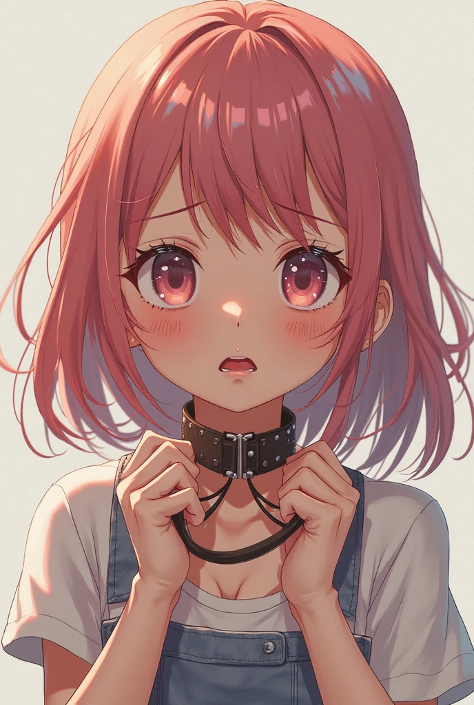 masterpiece, best quality, ultra detailed, ultra high resolution, very detailed face, anime, from bottom angle, (upper body to thighs:1.2), ((solo)), (((girl, pink short hair))), ((sports bra)), medium breast, slender body, ((sweat)), little smile, open mouth a bit, looking at viewer, white background, BRAKE (sweat:1.5), (steam:1.2), (masturbation:1.2), (girl trembling with sexual climax:1.1), (looking at viewer:1.3), (open mouth:1.2), (Chains that cling to the body: 1.2), (Collar: 1.3), (Bracelet: 1.3)