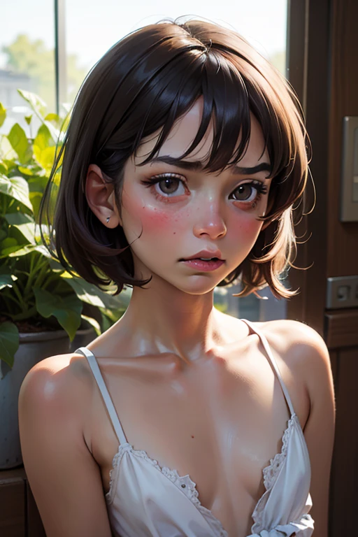 A realistic rendering of a David Wright style illustration of a very close, ultra close shot on the breasts of two   pert,   nubile, thin, pretty, freckled,  teen    girls with 50s style, very short, light brown  hair, topless, tiny breasts, bare breasts, exposed breasts, small breasts, little breasts, exposed crotch ,pink nipples         , puffy nipples         , exposed     nipples     , slight smile,  open mouth, wearing pastel colored body harnesses, with wide lace straps,              uniforms,  iridescent sparkles on chest, iridescent glitter on breasts,   white cuffs, white collar, hip straps, iridescent sparkles on breasts, reclining  on a bed in a pink, 1950s  teen girl's bedroom, ultra close shot on breasts 