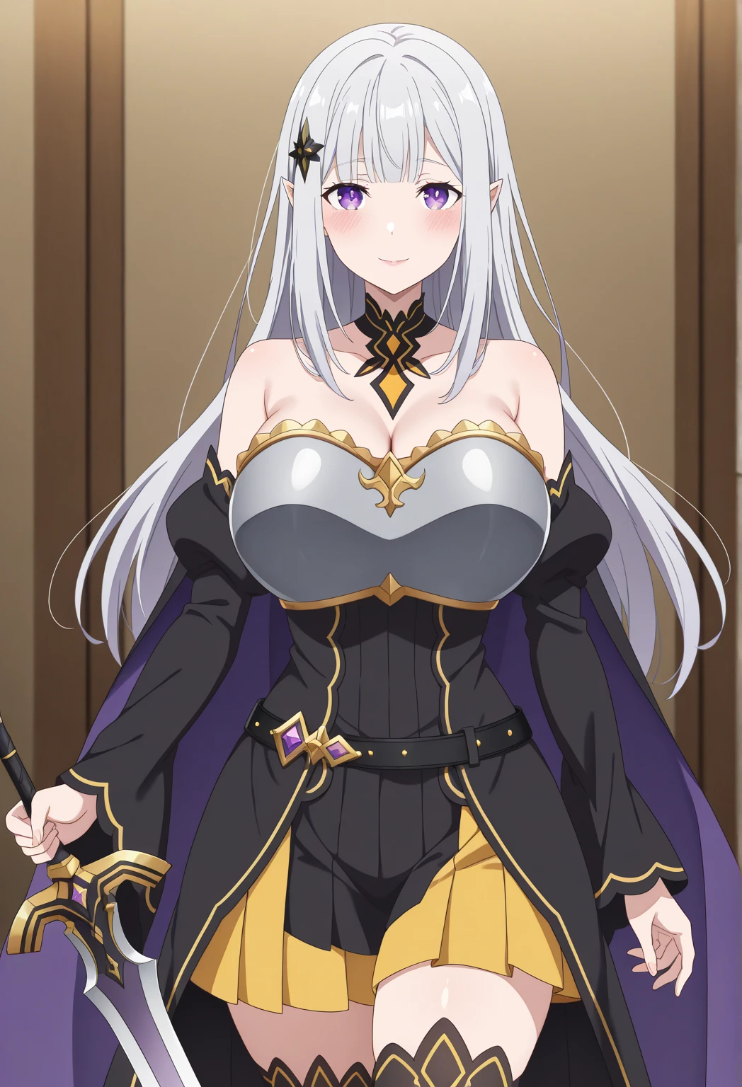 (((masterpiece, best quality, illustration, beautiful detailed eyes, anime style))),red eyes, longfluffy silver hair, double braid hair, asymmetrical bangs, fantasy, mature female elf, fantasy black military clothes, dark military top hat, jewelry, huge breast, sitting in chair 