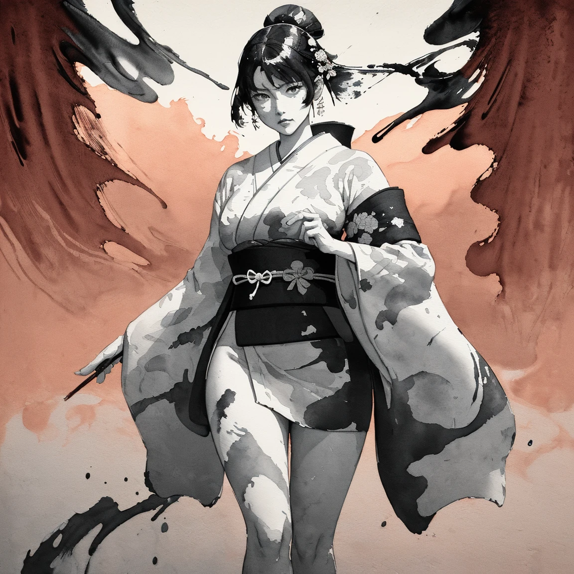 (fotorrealista:1.3), obra maestra, Mejor calidad, (detalles intrincados:1.2), (escenario:1.3), Hermoso rostro, (tema negro:1.3), 
(((1 chica, A girl in a patterned kimono holding a dagger in her hand, (Mira Veiwer:1.3), (tatuaje de cara:1.2), Small oni horn, 
))), cuerpo completo, Dividido por la mitad