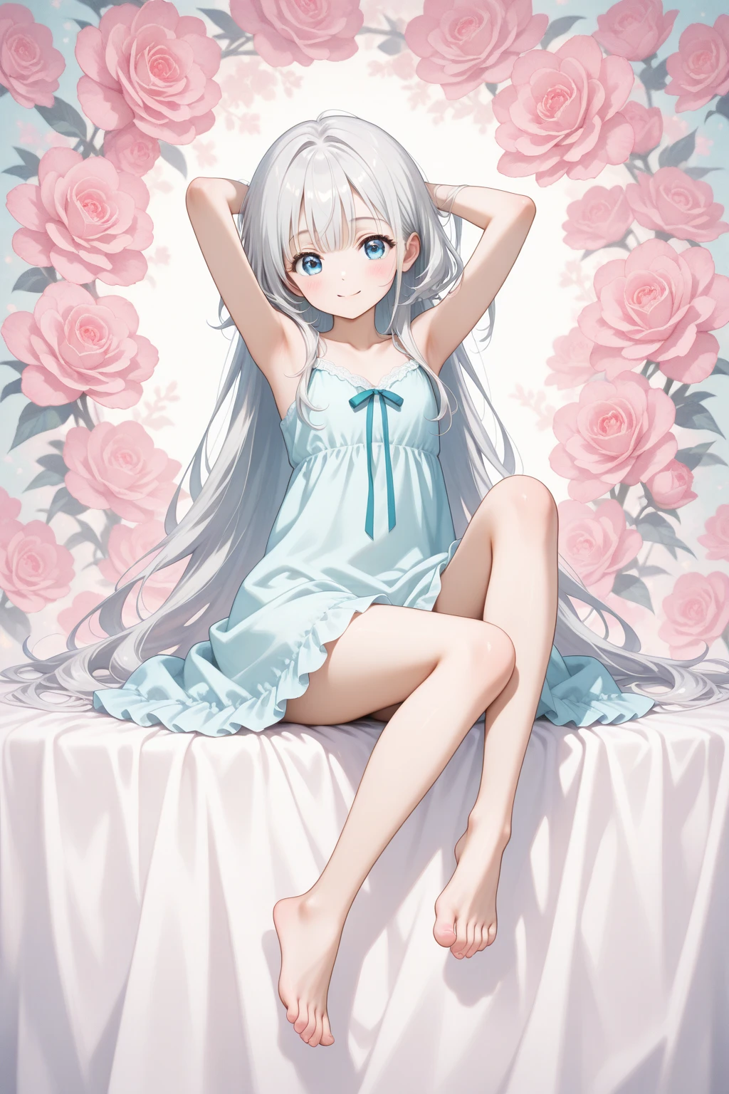 Beautiful legs, bare feet, white silk, cute, soft, smooth