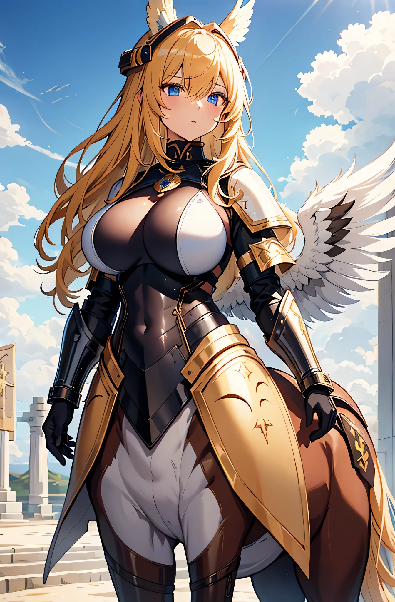 (((masterpiece))), (((best quality))), ((ultra-detailed)), (illustration), ((an extremely delicate and beautiful)), ((super detail)), ((high resolution)), (((20 years old))), metallic cloth, (cheerleader), (android), ((mechanical wings)), delicate metal decorations, gleaming skin, shiny body, two legs, breast focus, (((tall))), slender legs, ((big round eyes)), cute eyes, drooping eyes, ((adult)), two hands, five fingers, no extra hands, elegant smile, braid, medium length hair, ((metallic)), (see-through), (dark blonde), (ultra-huge breasts), (shining brightly), outdoor, mini skirt, city, daytime, ((biopunk)),