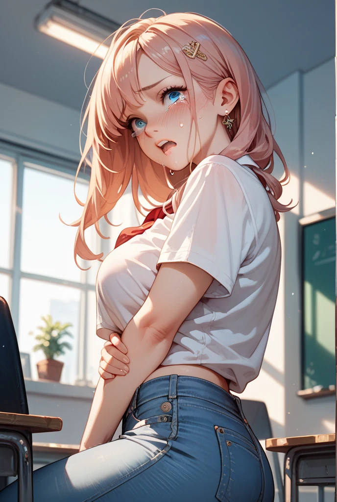 (chibi:1.2)、Absurd, Super detailedな,(In 8K:1.3),Masseter muscle area,(masterpiece:1.2)、(Highest quality)、4K、Super detailed、(Movement Structure:1.4)、(Shining Lights、Atmosphere lighting), High resolution, Best Quality、(One person:1.4),Super detailedな,Bright colors、Treebreak Production Art、(Warm color light source:1.2),High-level image quality、Fine image quality、Intricate details,Volumetric Lighting,Realism BREAK、Profile、 Very beautiful face and eyes, Beautiful images、 Idol face、、(Baby Face:1.4)、natural make up、big eyes、(Big Tits:1.4)、(cleavage :1.3)、(glossy skin :1.5)、 (Downtown)、(light pink hair,short hair、medium hair、short bang、wavy hair、Red ribbon:1.2)、(detailed clothes features、skin tight、white、collared shirt:1.4)、(detailed clothes features、skin tight、jeans:1.2)、(smirk:1.2), (petite:1.1)、(nice butt:1.5)、(from below:1.4)、(leaning forward:1.1)、(is:1.3)