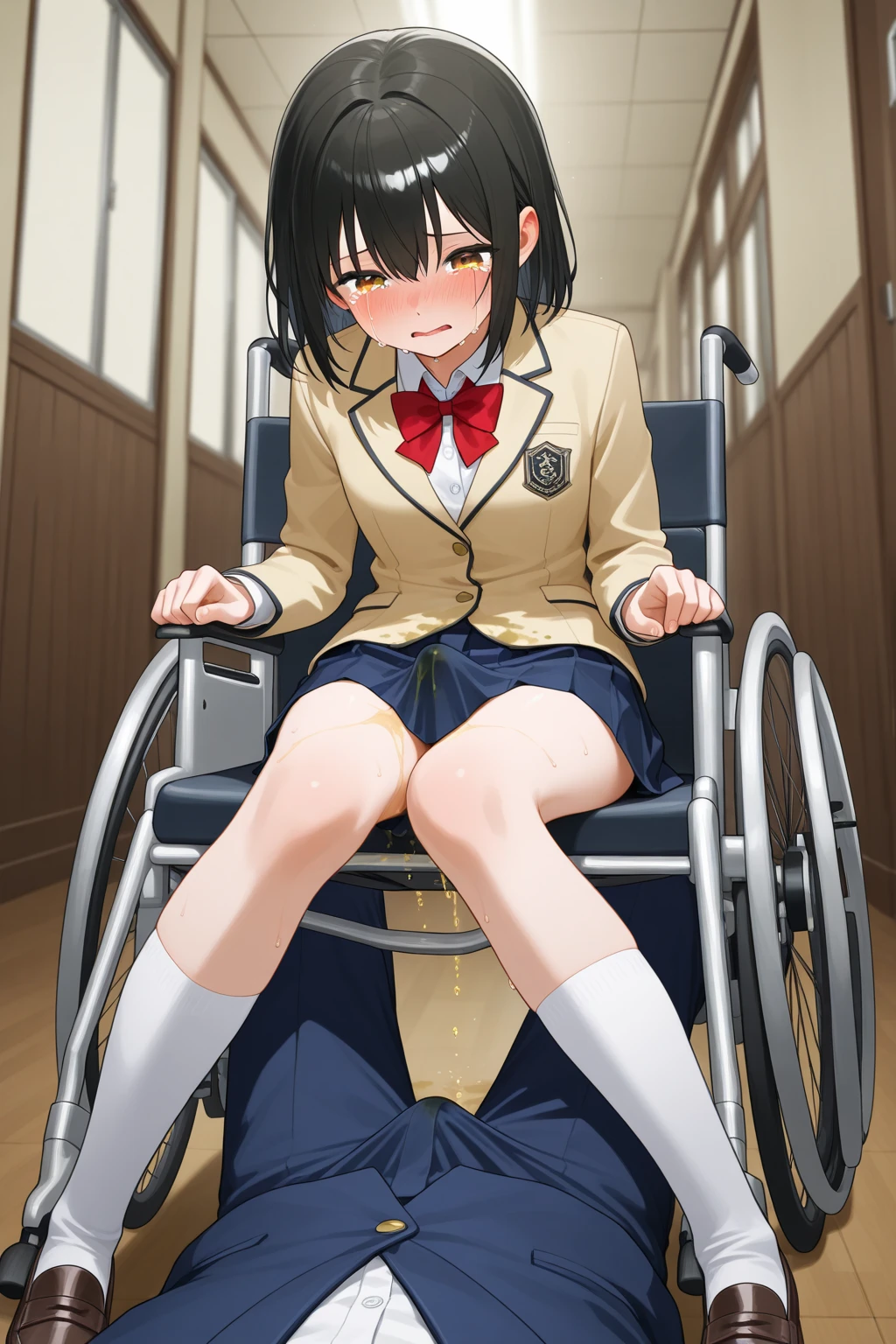 girl, Bedroom, small breasts, shoulder-length black hair, , wheelchair-bound, paraplegic, sitting across from me, shirt, short skirt, legs exposed, vagina, urinating