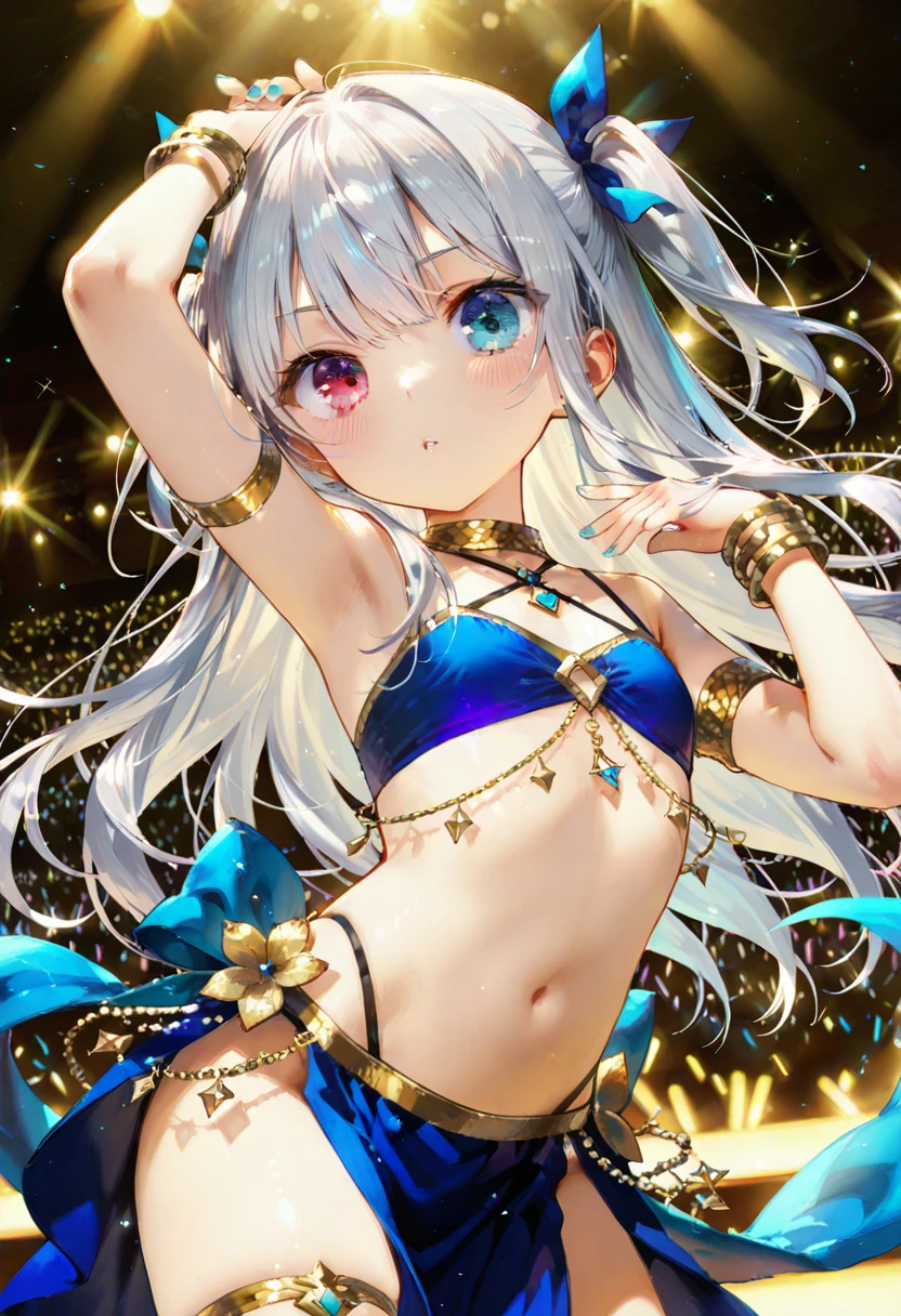((Belly dance style)) (in a detailed beautiful belly dance bikini with Colorful gems:1.3) (solo, 24 yo), (beautiful detailed blunt bangs) (immensely beautiful silver hair long hair) (immensely beautiful woman), (sexy cool red eyes), (immensely ecstasy smile), (beautiful bit tits), ((sexy cool make-up face)), (head is beautiful bunny ear), BREAK, (in the Neon Festival Venue) (long exposure:1.2 Colorful searchlights), BREAK, perfect anatomy, masterpiece, best quality, 16k.