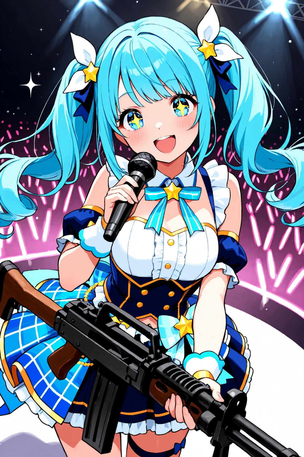 Obra maestra, La mejor calidad, Altas Resoluciones, sui1, 1girl, solamente, Cola de caballo lateral, Hoshimachi Suisei, Guantes sin dedos, single thighhigh, jewely, Individual sock, Correa para el muslo, brazalete, Calcetines azules, botones, A la altura de la rodilla, Vestido a cuadros, gargantilla azul, Blue Belt, falda a cuadros, mini corona, falda gris, Ascot azul, mangas largas, Chaqueta a cuadros, Disparo de vaquero, en el escenario, Clamping microphone, They are smiling,