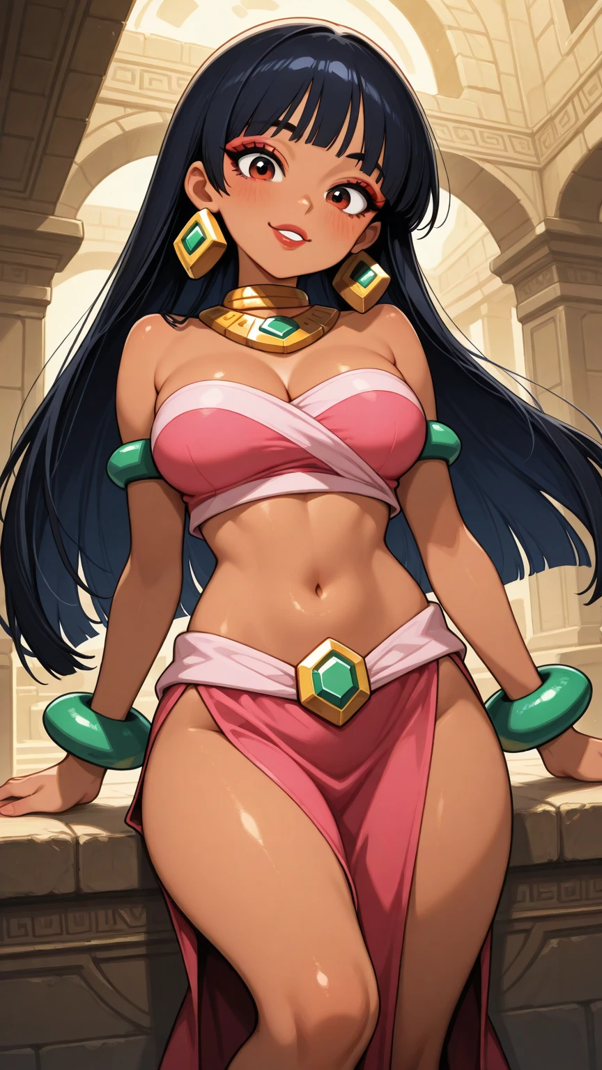 masterpiece, best quality, highres, legend of queen opala, 1girl, osira (character), black hair, Egyptian skin, yellow eyes, blunt bangs, big breasts, annoyed expression, tail ornament, tail bow, gloves, cat tail, jingle bell, red gloves, tail bell, choker, detached sleeves, magical girl, pink dress, strapless, cowboy shot, outdoors, standing