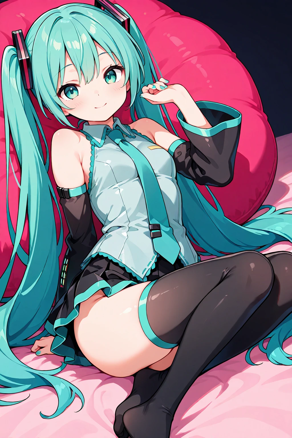(1 girl),(high quality), (High resolution), (extremely detailed), (8K),(focus on lower body),(CG),(Hatsune Miku)、Gravure idol、Magic Knight、magic swordsman、Magic Mentor、school uniform、sexy panties、(black pantyhose:1.2)、(nipple shape)、No shoes、(neutral white lighting),sexy pose、showing panties