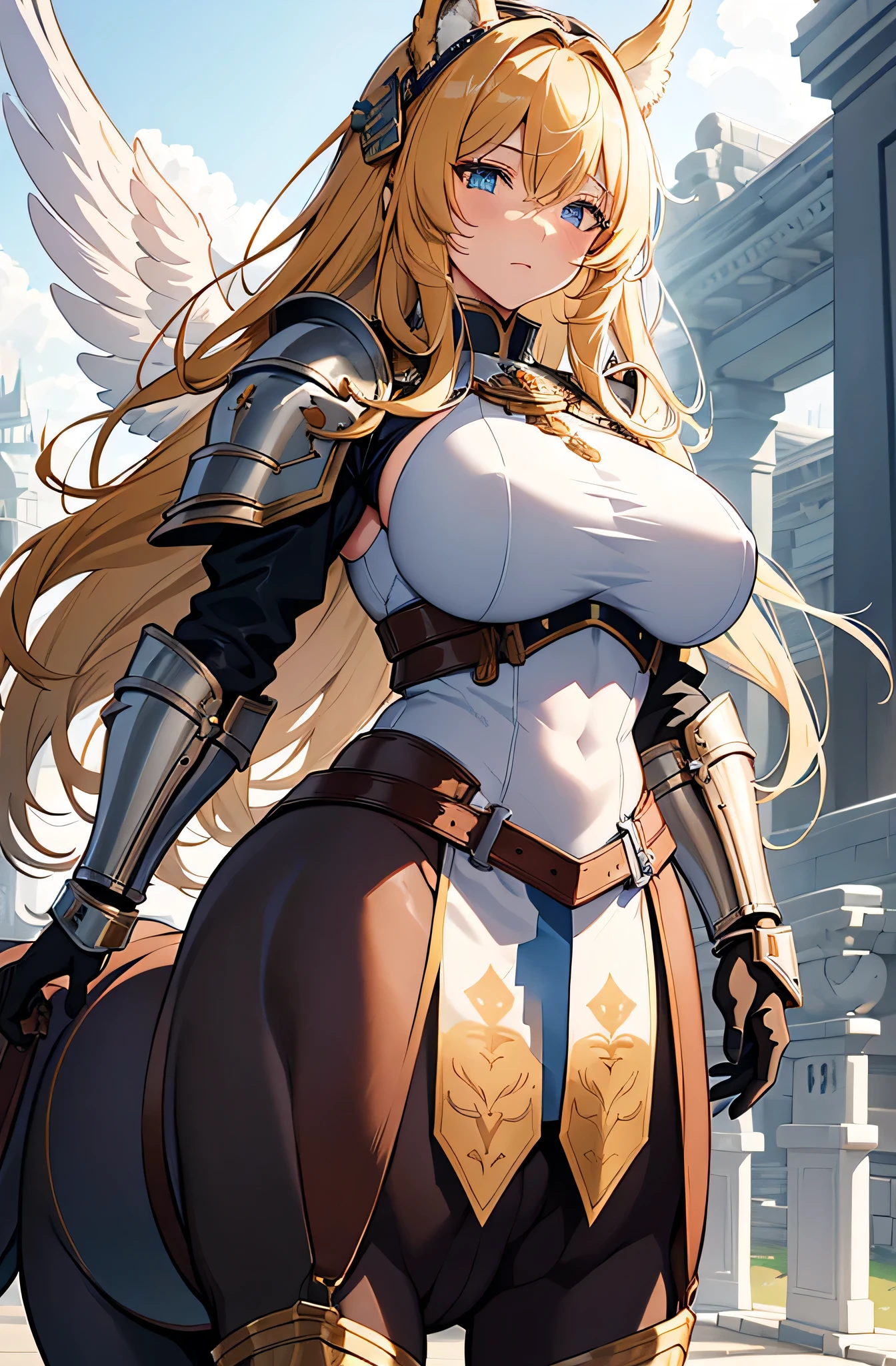 Female Valkyrie Warrior, Very large breasts, Blonde Hair, Long Hair, blue eyes, White skin, Curvaceous mature woman、goddess、 Narrow waist,pelvis、Thighs, Serious expression, , Fighting on the battlefield、Equipped with a spear and shield、Combat Ready、White silver bikini armor, Steel Armor, whole body,( Winged Helmet, White Wings)、From below