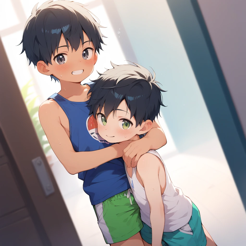 score_9, score_8_up, score_7_up, western cartoon, iku, clean color, flat color, 1boy, ((shota)), indoors, smiling, smug