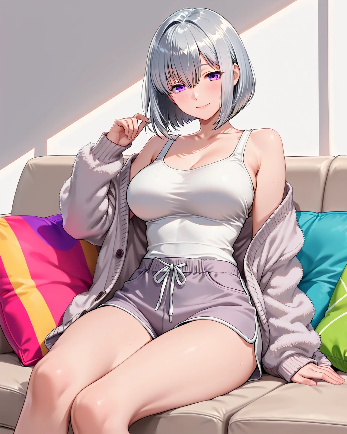Masterpiece, best picture quality, super detailed, hot shot, perfect belly contour, colorful hair (blue + silver: 1.3 + red: 1.3 + purple + yellow: 1.3 + green: 1.3), no bra, tight dress, wearing a necklace (highlighted description x1.1), Tae Takemi smile, lab coat, sexy pose, standing in front of doctor's office background.