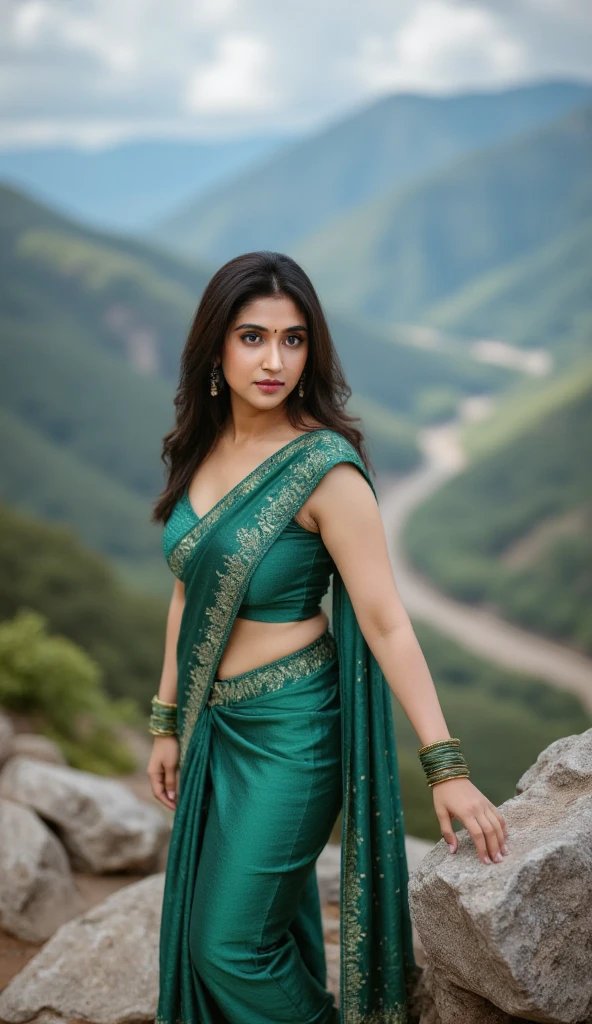 Best quality, masterpiece, Beautiful, young indian woman, village, looking straight at viewer wearing small wet green and white polka saree, river and mountain landsape, sitting on rock, teen age, detailed face, detailed body, symmetric face, cute face, dynamic pose, perfect anatomy, tattoed hands, fully tattooed body, photorealistic, soft slim belly, curvy body, braid hair, 8k, ultra realistic, detailed background, nature, god rays, ambient occlusion