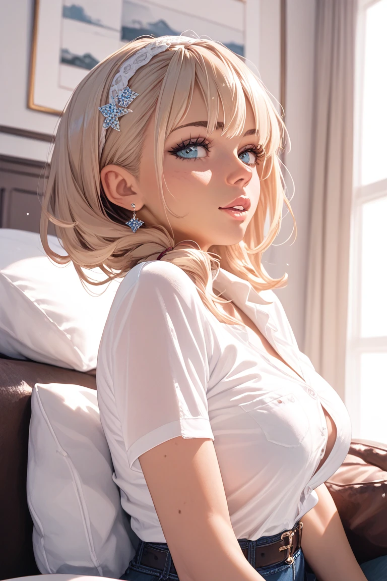 absurderes, ultra-detailliert,bright colour,(in 8K:1.3),(masuter piece:1.3),extremely beautiful detailed face and eyes,(Smooth straight blonde hair:1.3), (Hair parted in the middle:1.2), Delicate beautiful face, red blush、Deep Blue Eyes, sexy smiling face,(Oversized pajamas:1.2),pink bra,on the beds、slender white body、Bring your chest together、Small necklace