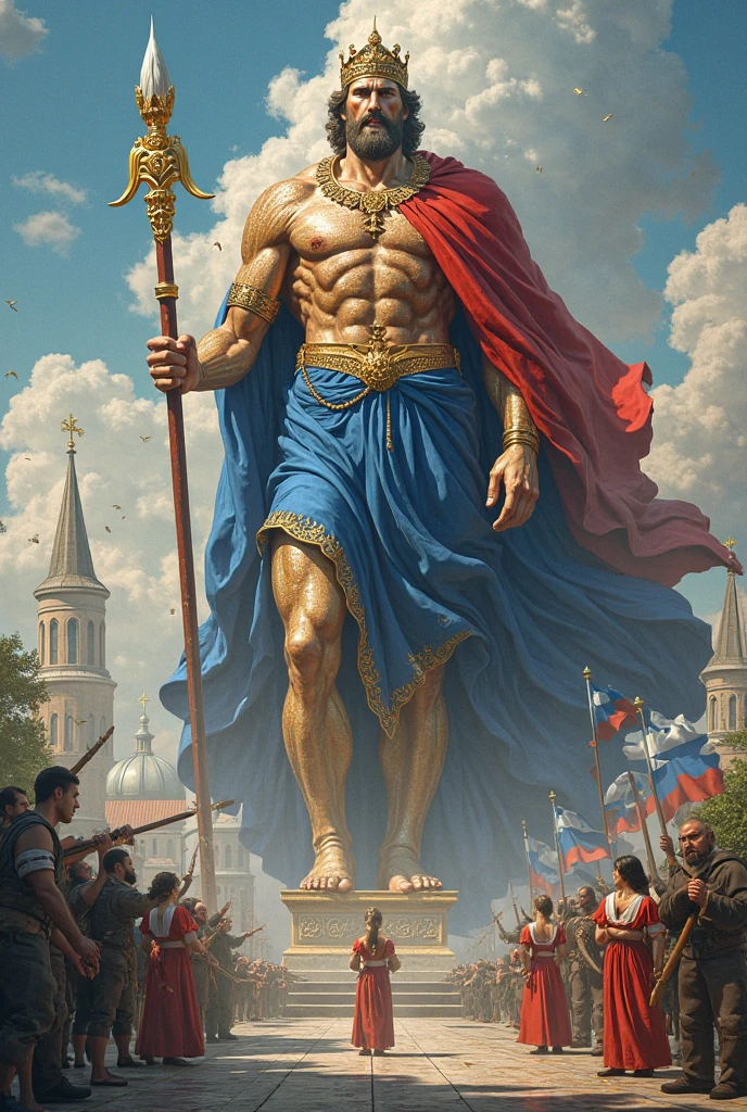 A muscular goat wearing a muscular crown and wearing the clothes of a god, a light blue cape, stepping on two pennants, one green saying LIX and the other red saying LXI, and with one hand holding a light blue pennant saying LX SUP