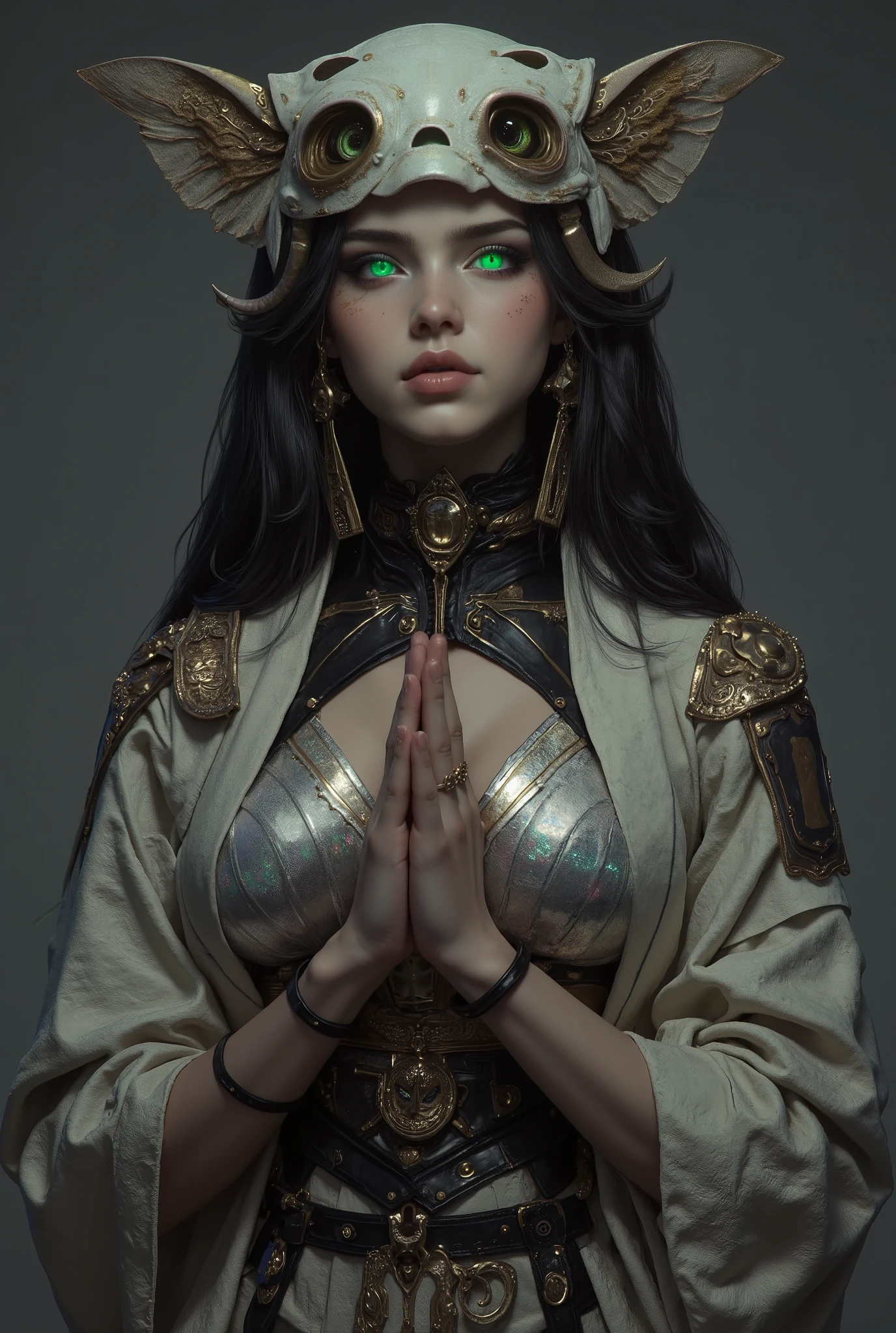 (best quality, 4k, highres, masterpiece:1.2) , ultra-detailed, (realistic, photorealistic:1.37), mysterious and beautiful female humanoid creature with glowing green eyes embedded in its iridescent armor, her hands are clasped together as if in prayer, elegant futuristic kimono with gold accents, monochrome color scheme, dramatic studio lighting, ultra detailed, by H. R. Giger and Yoji Shinkawa, anime style render