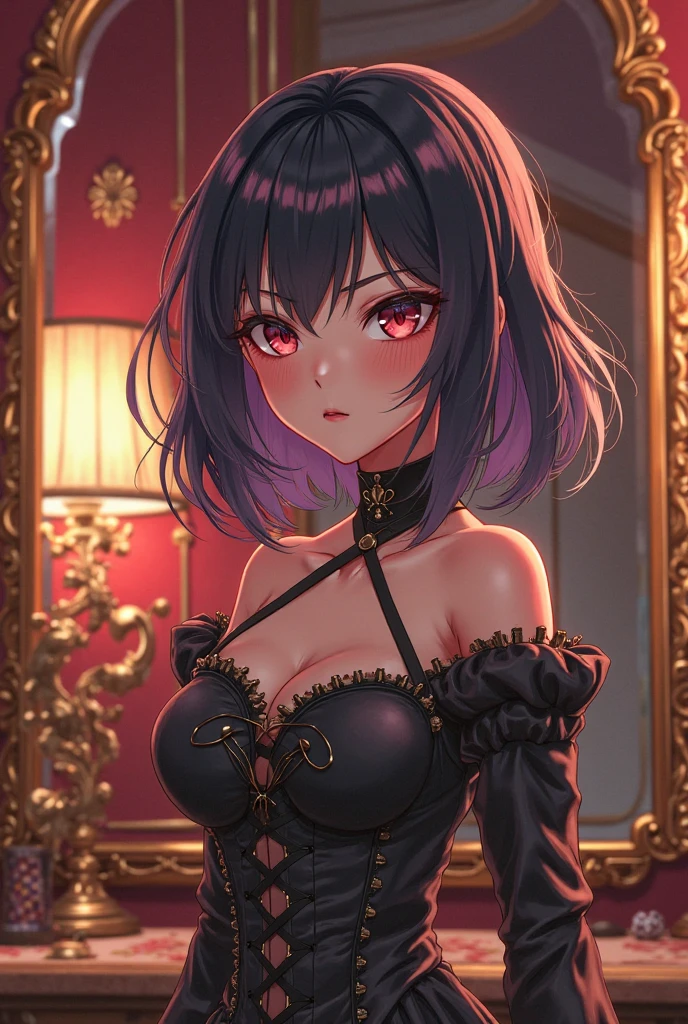 mature woman, 1 girl, alone, solo (masterpiece, best quality, very detailed), sharp focus, detailed face, face focus, focus on face, very detailed eyes, long black cyclamen hair, (cyclamen highlights: 1, 3), side bottom braid, cyclamen red eyes, (sparkling eyes: 1,2), long eyelashes, (strong blush: 1,2), delicate makeup, ((ball lace dress, long skirt, lace, elegant)), Crusader earrings, ear piercing, cinematic lighting, edge lightning, shading, dynamic angle, sharp image, perfect quality, perfectly crafted background, beautiful warm lights, sexy, ballroom, castle, dancing in ballroom, Crystal chandelier, close-up, portrait, solo, flowes