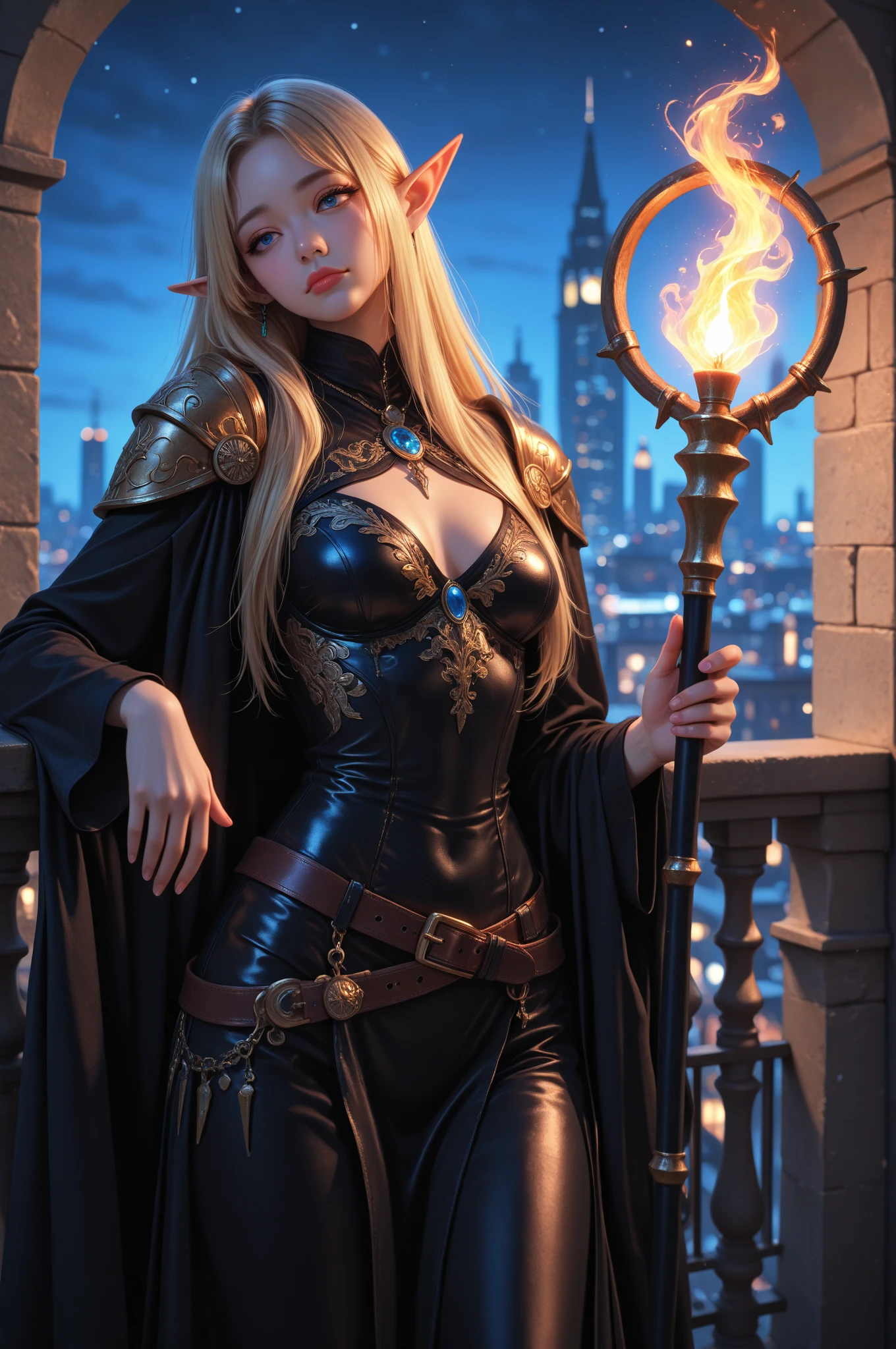 the elf,magia,Large breasts,Raised sexy,magnificent robe,complex patterns,sky-high tower,salama,starrysky,(skindentation:1.5), realisticlying, realisticlying, (masterpiece:1.5), concept-art, intricately details, highly detailed, realisticlying, rendering by octane, 8k, unreal-engine, dynamicposes, Best quality at best, A high resolution, (photorealiscic face:1.1), (Hyper-realistic:1.1), ((full_body)), perfect eyes,(shiny skins:1.2),Cast lightning, eletric, rotating flame, Radiant force, spark of light, smog, magia, ((dramatic)), epic, battlefiled, depth of fields, Background bokeh, 4k, gotik, ashes, Particle,