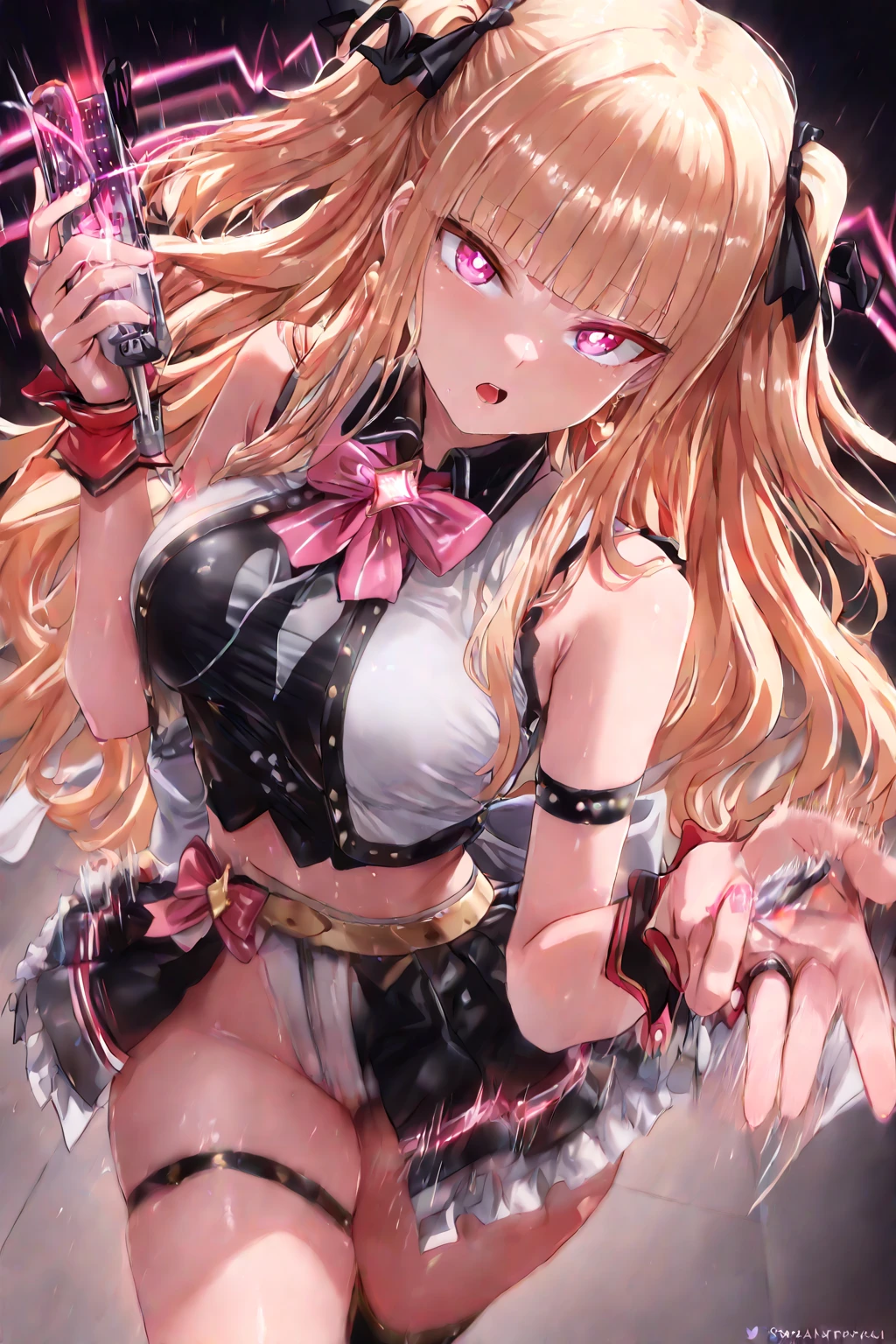 ((16k,Raw photography,top-quality,hight resolution,Ray tracing,PBR Texture,Post-processing,)),(((Leather Bondage Skirt , Cute Japan anime girl,evangerion,Soryu Asuka Langley,Long wavy blonde hair,Emphasize cleavage,bare hand,Thin leg,detailed finger,Slender legs,)))(finerly detailed face:1.4),(masterpiece:1.4),(top-quality:1.4), Beautiful fine skin,(cute little:1.5),(Complex fishnet stockings),pin heels,Leather luster 3.0,Beautiful skin,(Bodycon with beautiful embroidery),((tthin eyebrows,long eyelashes,smil,二重まぶた,)),No title required,Do not wear anything on your shoulders, Nasty figure, activity,Create a beautiful light effect in the background、Create the effect of confetti in the background,