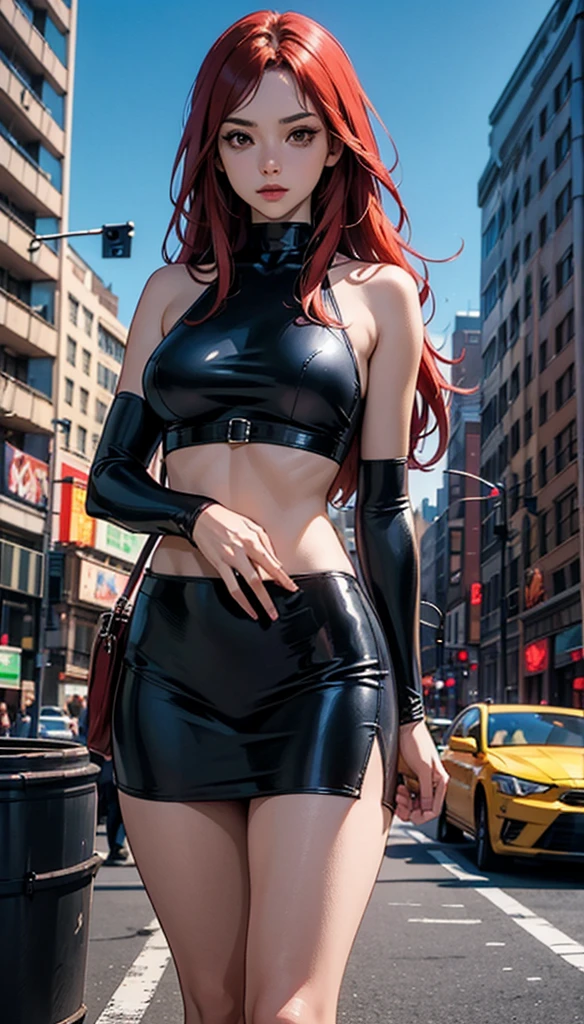 A young reporter, full body, fair skin, red hair, gaze fixed on the viewer, sapphire blue eyes, well-defined mouth, details on facial expressions, set in the middle of New York, neck adornments. Ultra definition, hyper realistic 4K, photorealistic, cinematic image.