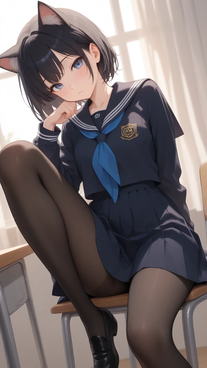 ​masterpiece、top-quality、best、超A high resolution、intricate-detail、An ultra-fine illustrations、perfect anatomia、Correct anatomy、perfectly proportions、face perfect、perfect hand、perfect leg、perfect fingers、18year old、女の子1人、Full body from head to leg、full bodyesbian、Facing the front、small tits、Composition from below、M-shaped legs、Panchira、Sitting on the floor with bent knees and legs open、Front-facing、Lower body facing forward、Slender feet、Slender thighs、Slim toes、Panchira、Full body portrait、brown haired、Longhaire、Medium long haircut、red blush、slightly open mouth、The pure white bra is visible.、Black_stockings、black transparent stockings、Black stockings、Black pantyhose、Black lace pantyhose、black lence stockings、Black sheer pantyhose、Black transparent pantyhose、No shoes、No shoes on、Pure white panties under black stockings、Pure white underwear、Pure white panties、Underwear、Japanese high school students、Blazer Uniform、Bedrooms、inside the house、during daytime、（small tits）、((full bodyesbian))、​masterpiece、（top-quality）