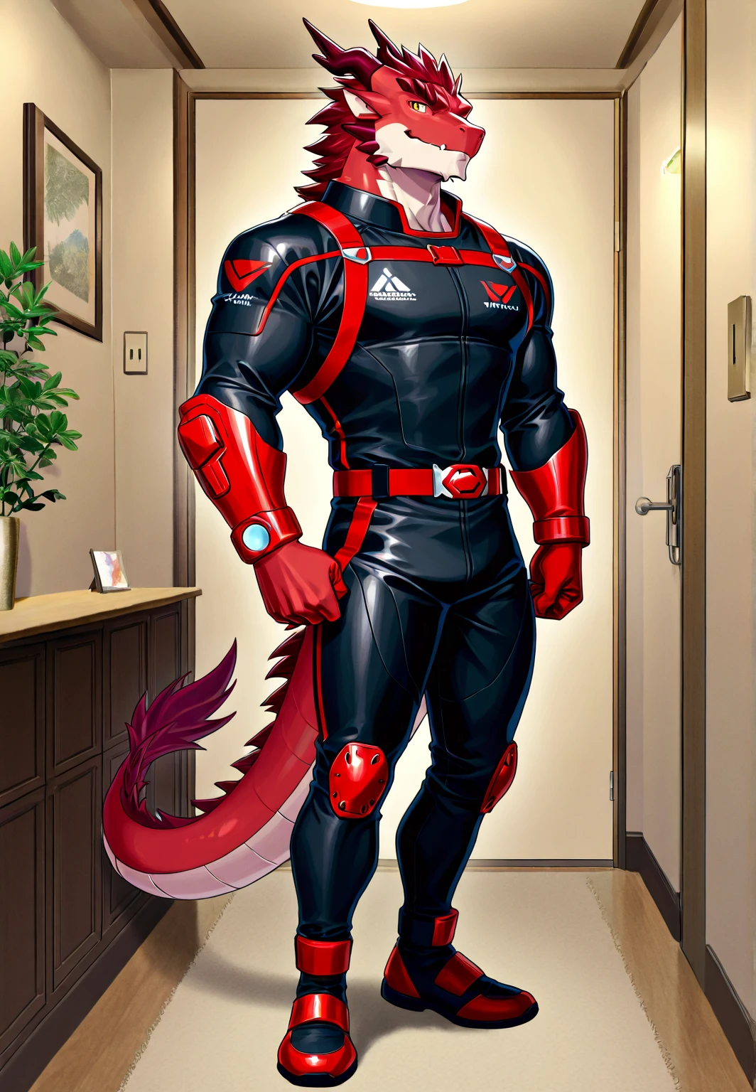 Highest quality, Highest quality, High quality illustrations, masterpiece, Ultra-high resolution, Detailed Background, Inside the Jail, Absurd, Perfect Anatomy, performance, Good lighting, Shadows in the movies(kemono, Furry Personifi猫ion), Lizardman, Muscle Body, Long dragon tail, Redskin, Rubber Suit, latex, Neon color, Bodysuits, Cyber Suit, Mech Suit, cyber punk, Harness, Rubber mask, Being restrained, null bulge, Dynamic Angle