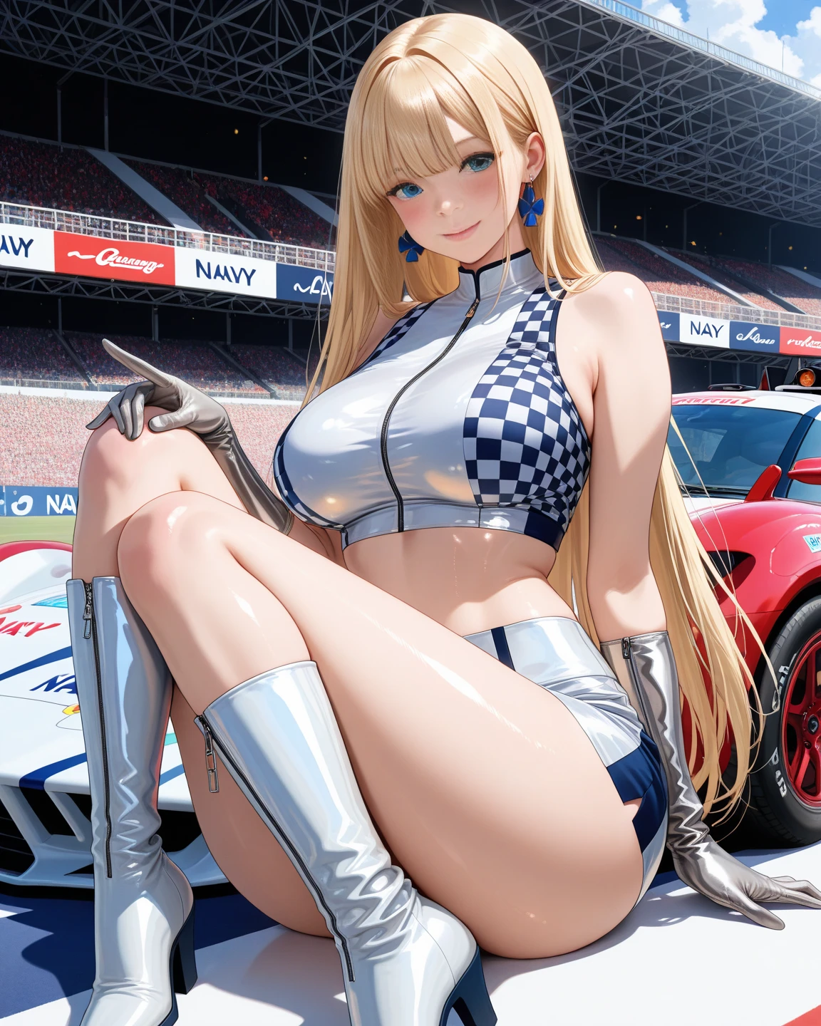 Highest quality、super high quality、16K, topless、Nipples、Breast size is random、Facial expressions are random、Location is a road、 Hair color is blonde、Pose is sitting on a chair、The distance is random、The angle is from the top、Small face、Very delicate facial expressions、Delicate eye depiction、Highly detailed hair、Erotic、18-year-old female、Glowing Skin、Soft Skin、Lower Body、The only sexy Japanese woman、Race queen outfit random、