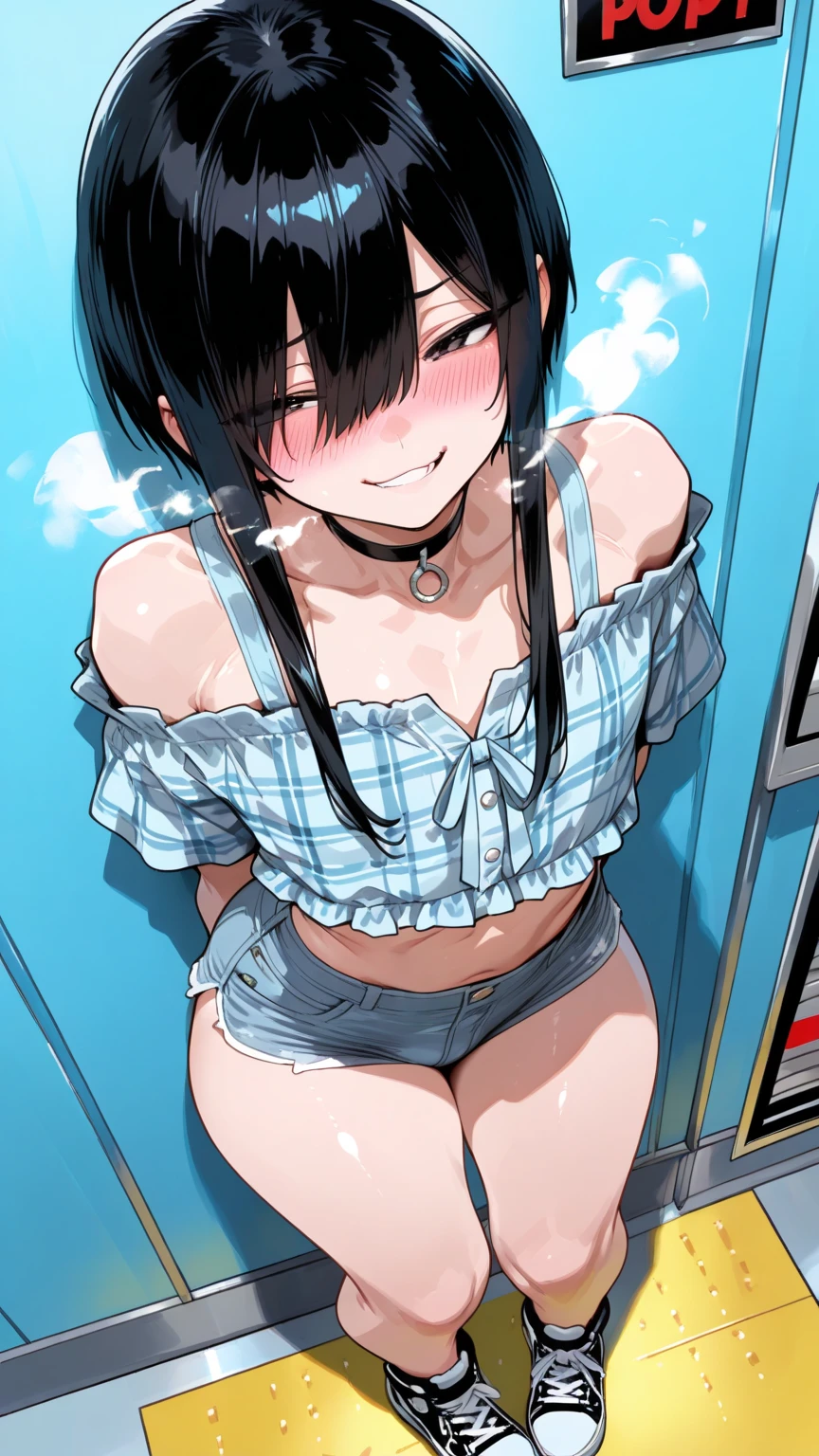 handjob,side view,eye-level shot,face focus,open mouth,tongue out,cum on tongue,Licking a white dildo,(1girl,Beautiful 16 year old girl),((Slender,Small breasts,Baby Face,Small face,)),looking at viewer,Black Hair,bangs,two side up,Gray Eyes,Drooping eyes,slit pupils,narrow eyes,ollarbone,white t-shirt,bare shoulder,Denim mini skirt,Beautiful and detailed anime art,Mischievous smile,Dimly lit room,Simple Background,Gray background,Low lighting