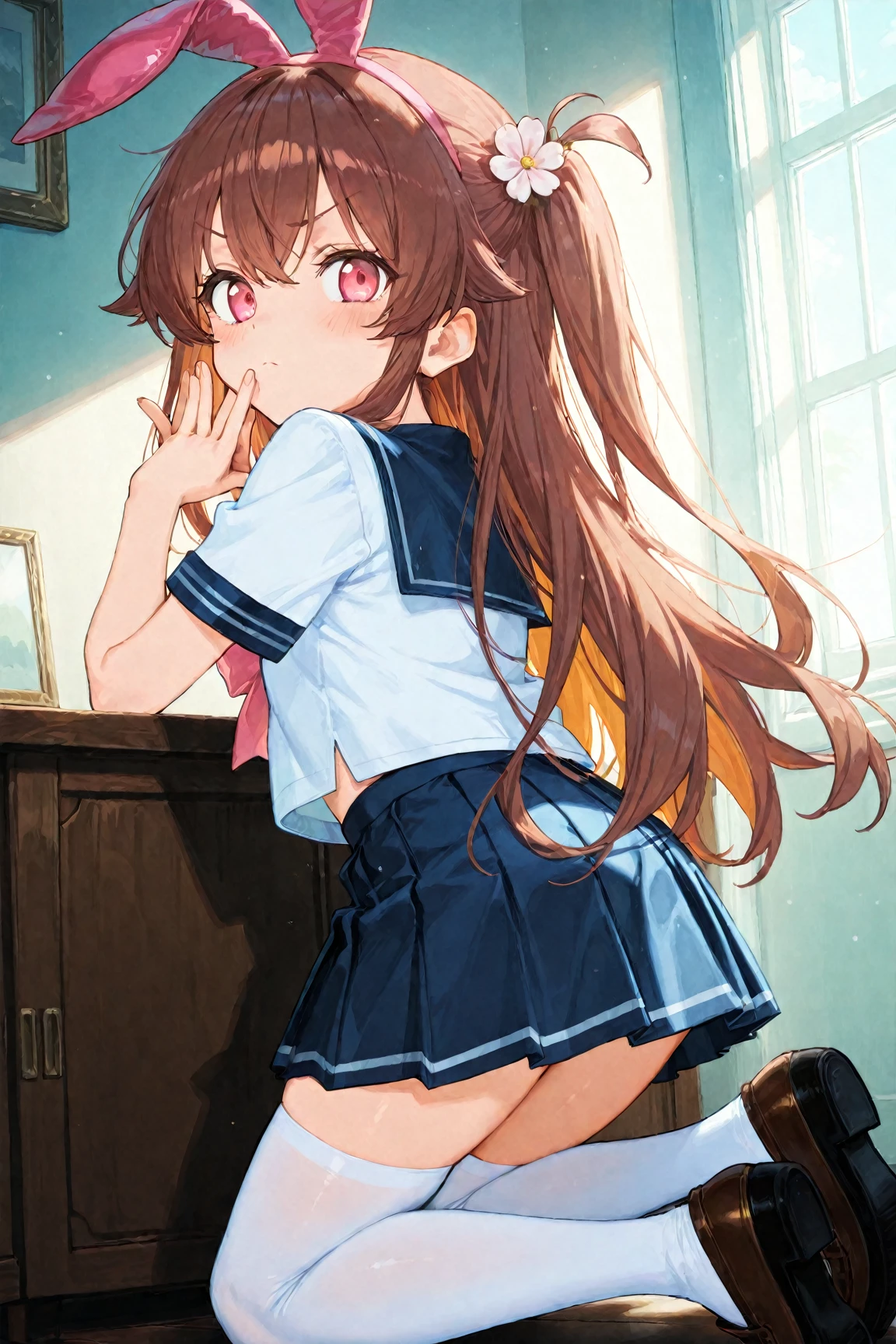 brown eyes,long hair,clover hair ornament,ahoge,blue jacket,white dress, long sleeves,green bow, black thighhighs,sneakers,amamiya mimori,dress lift, panties,indoor,slender legs,flustration,shadow, befind wall,doggystyle sex,boy grabbing hip, penis,hand on wall,press penis,