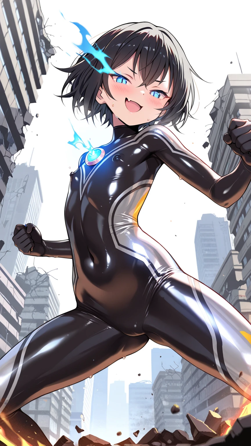Best Quality,T Masterpiece,Ultimate resolution,18Old female fighter,Slender、Very slim、Small face、cute、(Kneeling pose),Super Short Hair,((A tight-fitting black combat uniform with a shiny enamel finish:1.0)),Black Hair、Peace talks between warring factions,attention arousal, smart blue eyes,Tight Suit,gloves、Steel City Background,night