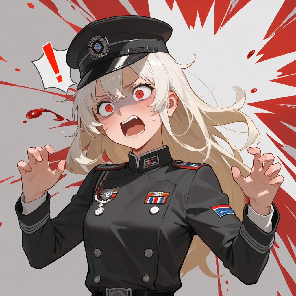 (masutepiece, Best Quality:1.2),aquascreaming,screaming,open mouth,crying with eyes open,1giri,rapi nikke,red eyes, long hair, brown hair,black leotad,beret,black hat,red necktie, black jacket