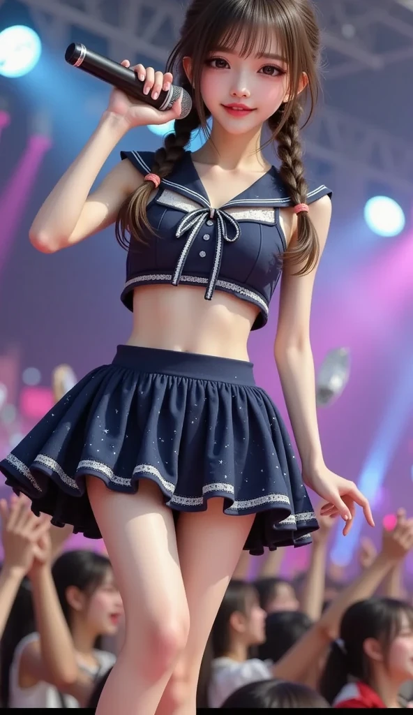nerd girl、(Having fun wearing a sailor suit and a white leg suit、Short Bob、smile、large ribbon on the head、Very slim:1.5、Very thin thighs:1.4、Very long legs)、Droopy eyes:1.4、Big round eyes:1.3、((Raise your arms in joy))、Filmed at Disneyland、Camel Toe