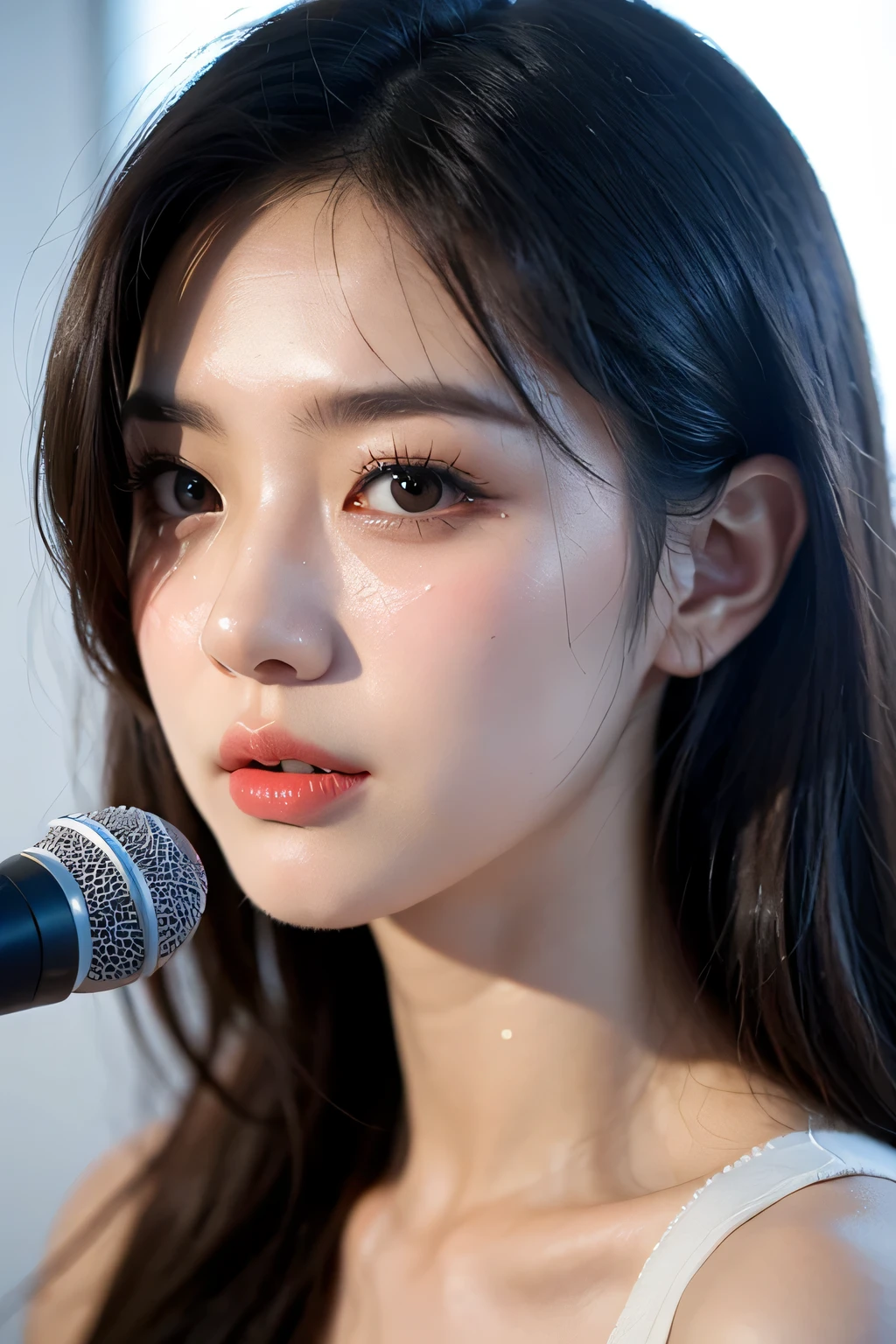 (masterpiece:1.3), high resolution, ultra detailed, extremely detailed CG unity 8k wallpaper, realistic, photo-realistic, RAW photo, beautiful detailed face, pale skin, realistic glistening skin, detailed cloth texture, detailed hair texture, Perfect body, Beautiful Face, accurate, Anatomically correct, Highly detailed face and skin texture, natural neck length, (beautiful hands), (fair skin:1.1), (well-aligned teeth:1.1), (Sweaty skin:1.2), 
BREAK, 
Detailed eyes, symmetric eyes, Light Brown eyes, Double eyelids, Thin eyebrows, (Glossy lips:1.4), ((A face with waiting for a kiss:1.2)), (blush:1.1), (A sparkling small hair accessory:1.1), (beautiful smile:1.1), (having microphone:1.3),
BREAK, 
(A classy and Cute idol:1.5), (nude, nsfw, nipple:1.4), 
BREAK, 
flat breasts, slender figure, firm abs, 
((random hairstyle, black hair, bangs:1.2)),  (cowboy shot:1.4), (looking at viewer), cowboy shot, From above, 
BREAK, 
 (singing on stage:1.3),