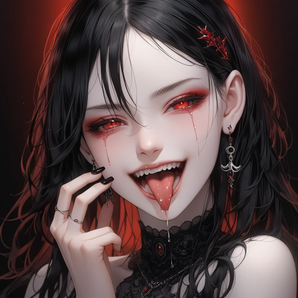 1 Beautiful Vampire Girl，Fangs：1.37，Blood stains at the corners of mouth，Imitating Zheng Xiaorong&#39;s style, Simplicity, Simple design，White background，Soft tones，Soft lighting and subtle shadows, Sharp focus and high resolution.