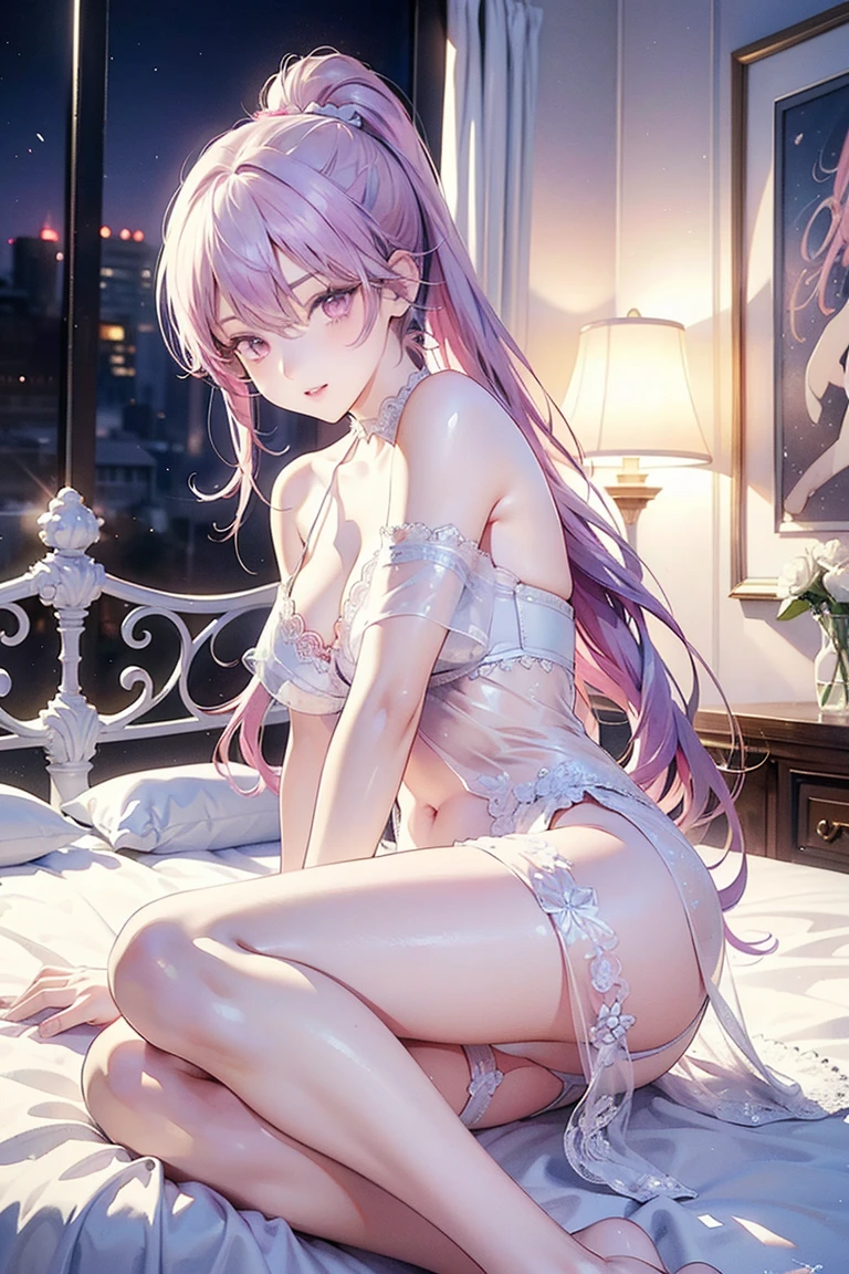 (Best Quality,High resolution,8K,finelity detailed background,Masterpiece:1.2),beautiful girl,Shiny pink hair,messy hair,Pink eyes,Gentle look,A refreshing look,Best quality,Best Quality,Aesthetic and aesthetic:1.2,Best details((Super detailed))(High-definition CG illustrations),Black underwear (gray,intricate lace),Slender body,night,night景,moon,Bedroom,On the bed,smile,blush,cute,Scrounge,Looking up,Being spoiled,super model,shoot from below